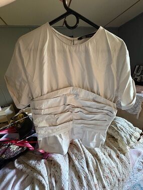 ZARA Cream Layered Pleated Short-Sleeve Top